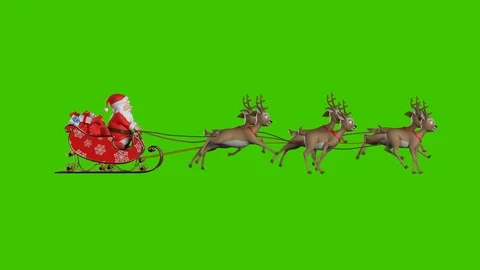 Santa Claus on a Reindeer Sleigh Flying on a Green Background Stock Footage
