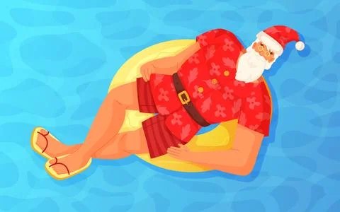 Santa Claus Relaxing on a Pool Float in Summer Vacation Stock Illustration