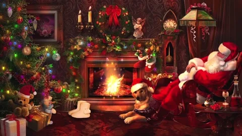 Santa Claus resting by the fireplace in the room decorated with garlands Stock Footage