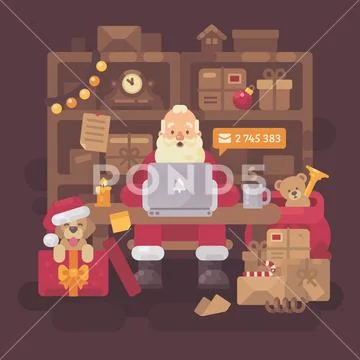 Santa Claus sitting at the desk in his office filled with parcels for childre Stock Illustration