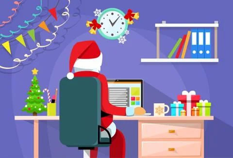 Santa Claus Sitting Desk Using Laptop Internet Back Rear View Christmas Holiday Stockillustratie