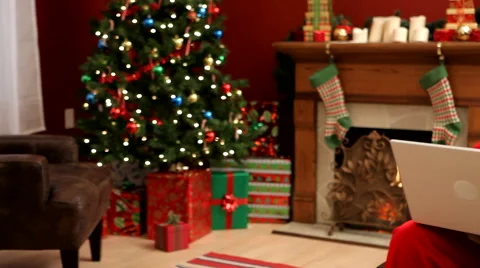 Santa Claus sitting with laptop computer Stock Footage 62278962