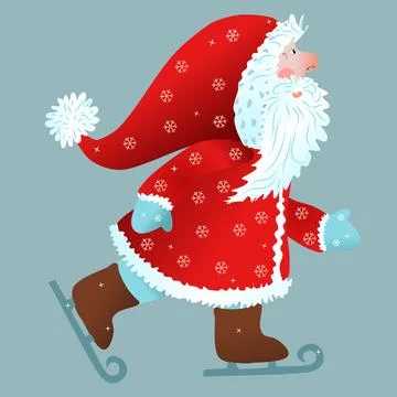 Santa Claus is skating in a red down jacket with snowflakes on a transparent Stock Illustration