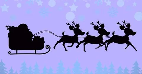 Santa claus in sleigh being pulled by reindeers over hanging decorations on 스톡 일러스트