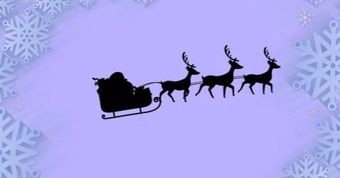 Santa claus in sleigh being pulled by reindeers over snowflakes icons against 스톡 일러스트