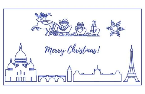 Santa Claus in sleigh with deers flying over Paris Stock Illustration