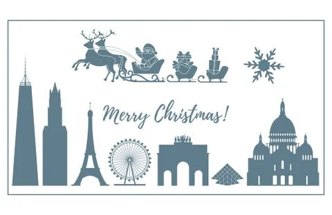 Santa Claus in sleigh flying over buildings. Stock Illustration