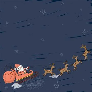 Santa Claus on sleigh with reindeers hand drawn childish style on night sky.. Stock Illustration