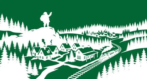 Santa claus standing on a mountain overlooking a winter village and train Illustrazione stock