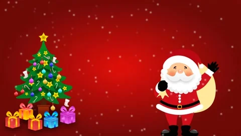 Santa Claus standing on red background with Christmas tree and snow fall Stock Footage 222935336
