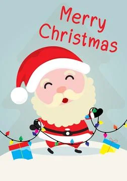 Santa Claus standing on the snow stack with gift boxes and holding light bulbs. Иллюстрация