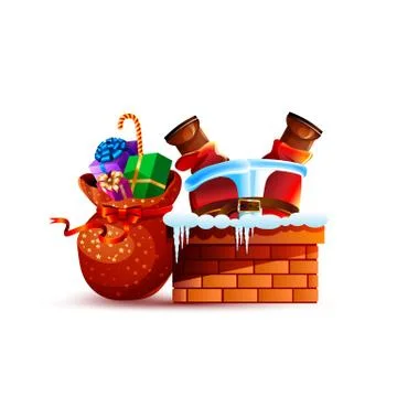 Santa claus stuck upside down with bag gift Stock Illustration