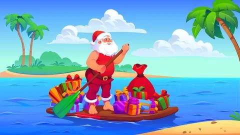 Santa Claus on sup puddle board with gift boxes Stock Illustration