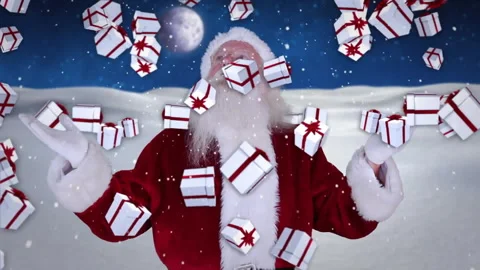 Santa Claus surrounded by falling gift boxes animation over snowy landscape Stock Footage 304488573