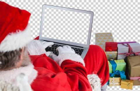 Santa Claus using laptop by gift boxes Stock Illustration