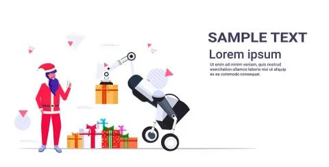 Santa claus using mobile app controlling industrial robot carrying gift prese Stock Illustration