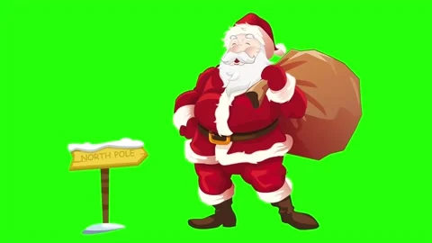 Santa claus walking with gift bag near north pole sign on green screen backgroun Stock Footage 320866758