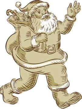 Santa Claus Walking Waving Etching Stock Illustration