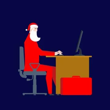Santa Claus at work at computer. Christmas work. Businessman Santa. Vector il Stock Illustration