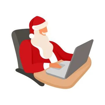 Santa Claus at work vector illustration. Santa using laptop. Stock Illustration