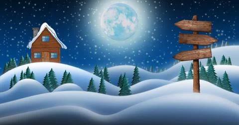 Santa Clause House in Snow Fields In Winter Christmas Night Stock Illustration
