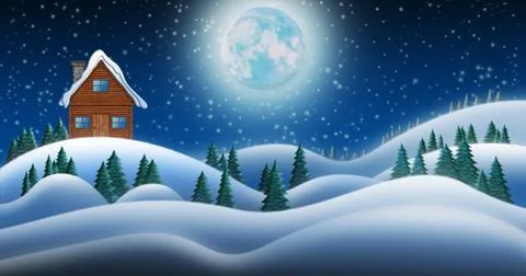 Santa Clause House in Snow Fields In Winter Christmas Night Stock Illustration