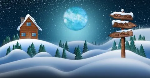 Santa Clause House in Snow Fields In Winter Christmas Night Stock Illustration
