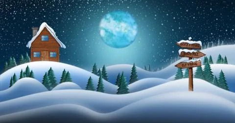 Santa Clause House in Snow Fields In Winter Christmas Night Stock Illustration