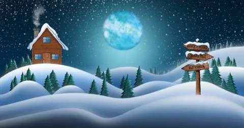 Santa Clause House in Snow Fields In Winter Christmas Night Stock Illustration