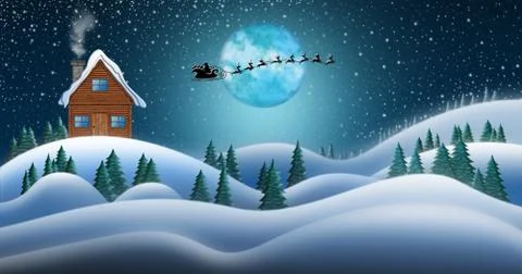 Santa Clause House in Snow Fields In Winter Christmas Night Stock Illustration