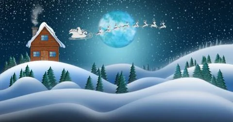 Santa Clause House in Snow Fields In Winter Christmas Night Stock Illustration