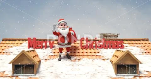 Santa Clause Waving His Hand On The Roof With Merry Christmas Message Stock Illustration