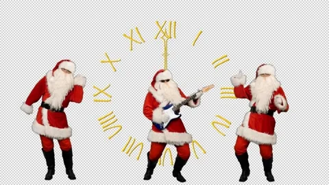 Santa Clauses dancing against background of clock showing midnight, alpha in Vídeo Stock 227320547