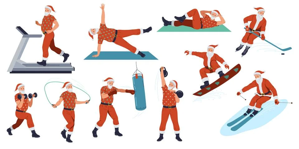 Santa Clauses training actively flat color vector icon set Stock Illustration