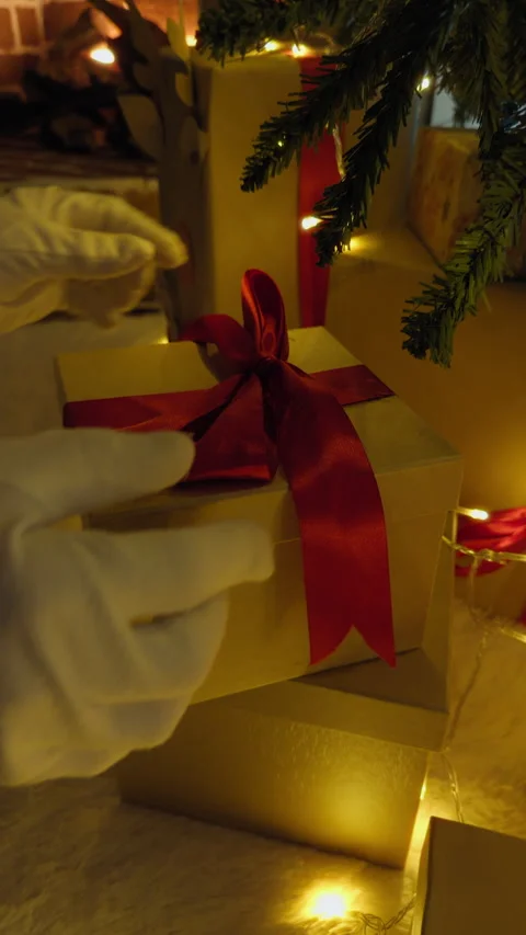 Santa Clauss Hands Bring a Gift Under the Tree at Christmas Stock Footage 322043655