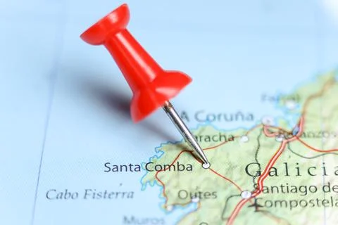 Santa Comba, Spain pin on map Stock Photos