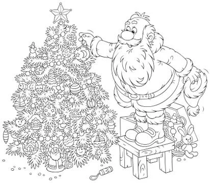 Santa decorating a Christmas tree Stock Illustration