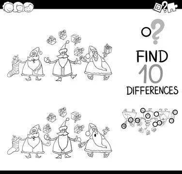 Santa difference game for coloring Black and White Cartoon Illustration of... Foto stock