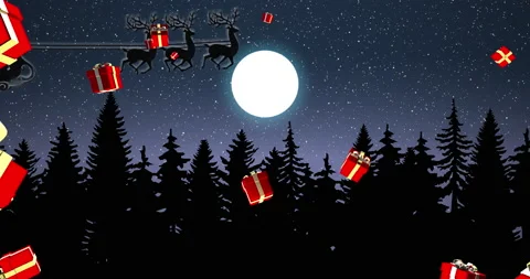 Santa Drop Gift Boxes Are Falling On full moon and snow falling in Background Stock Footage 164503831