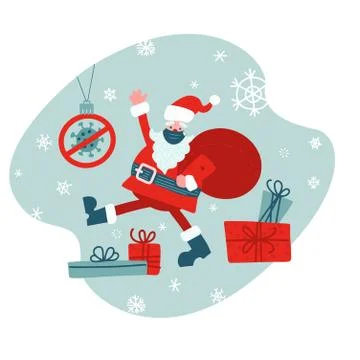 Santa in face mask with big red sack. Vector flat illustration, Light blue Stock Illustration