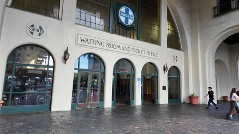 Santa Fe Depot train station waiting room and ticket office entrance in San Vídeos de archivo 338183094