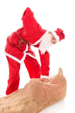 Santa Girl with Backache through too much presents, isolated on white Stock Photos