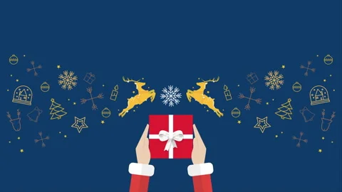 Santa hands holding gift box with Golden reindeers and christmas elements Stock Footage 254659686