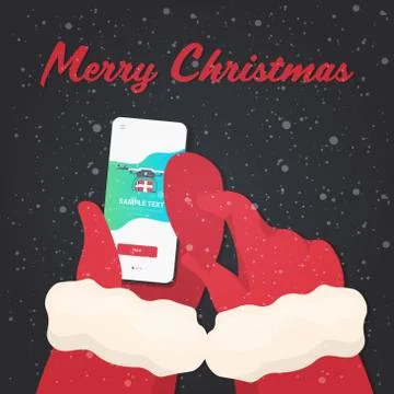 Santa hands using mobile app drone carrying gift box on smartphone screen chr Stock Illustration
