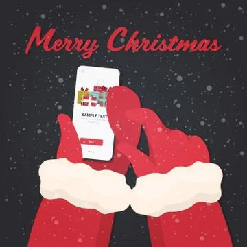 Santa hands using mobile app gift present boxes on smartphone screen christma Stock Illustration