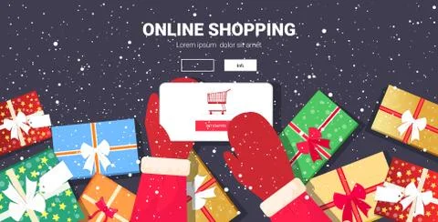 Santa hands using mobile app online shopping concept christmas holidays celeb Ilustración de archivo