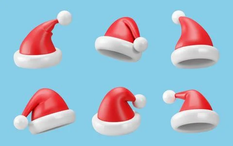 Santa hat. 3d Claus cap render isolated glossy cute elements different angles Stock Illustration