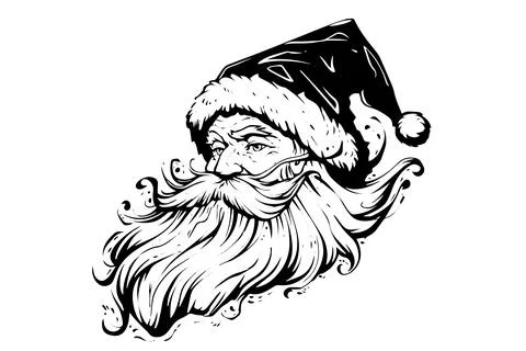 Santa head logotype hand drawn ink sketch. Engraved style vector illustration. Stock Illustration