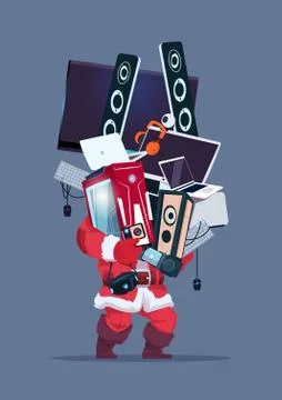Santa Holding Computer And Modern Electronics Gadgets Cyber Monday Sale Concept Illustrazione stock