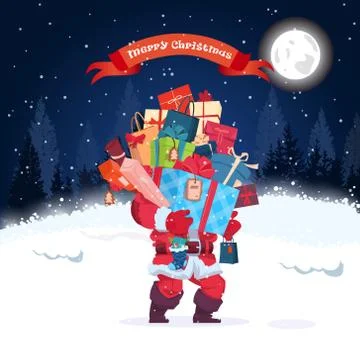 Santa Holding Stack Of Present Boxes Merry Christmas Greeting Card Night Winter Illustrazione stock